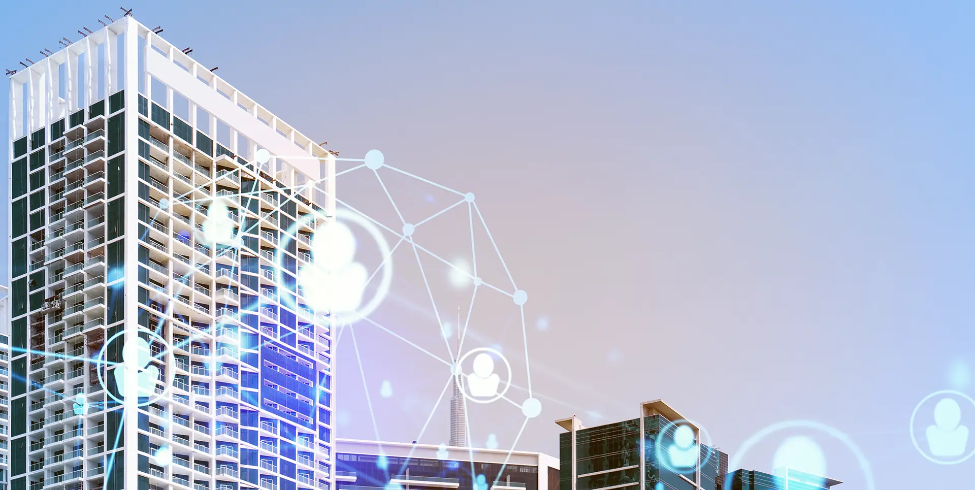 Representation of AI in property management showing images of data floating in front of a city